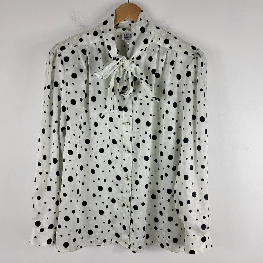 Leslie Fay Vintage 80s Jacquard Polka Dot Puff Sleeve Buton Up Tie Bow Blouse - Picture 1 of 10